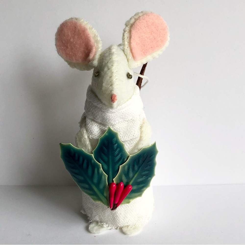 Cottage Christmas felt mouse ornament holding holly, wearing a white dress